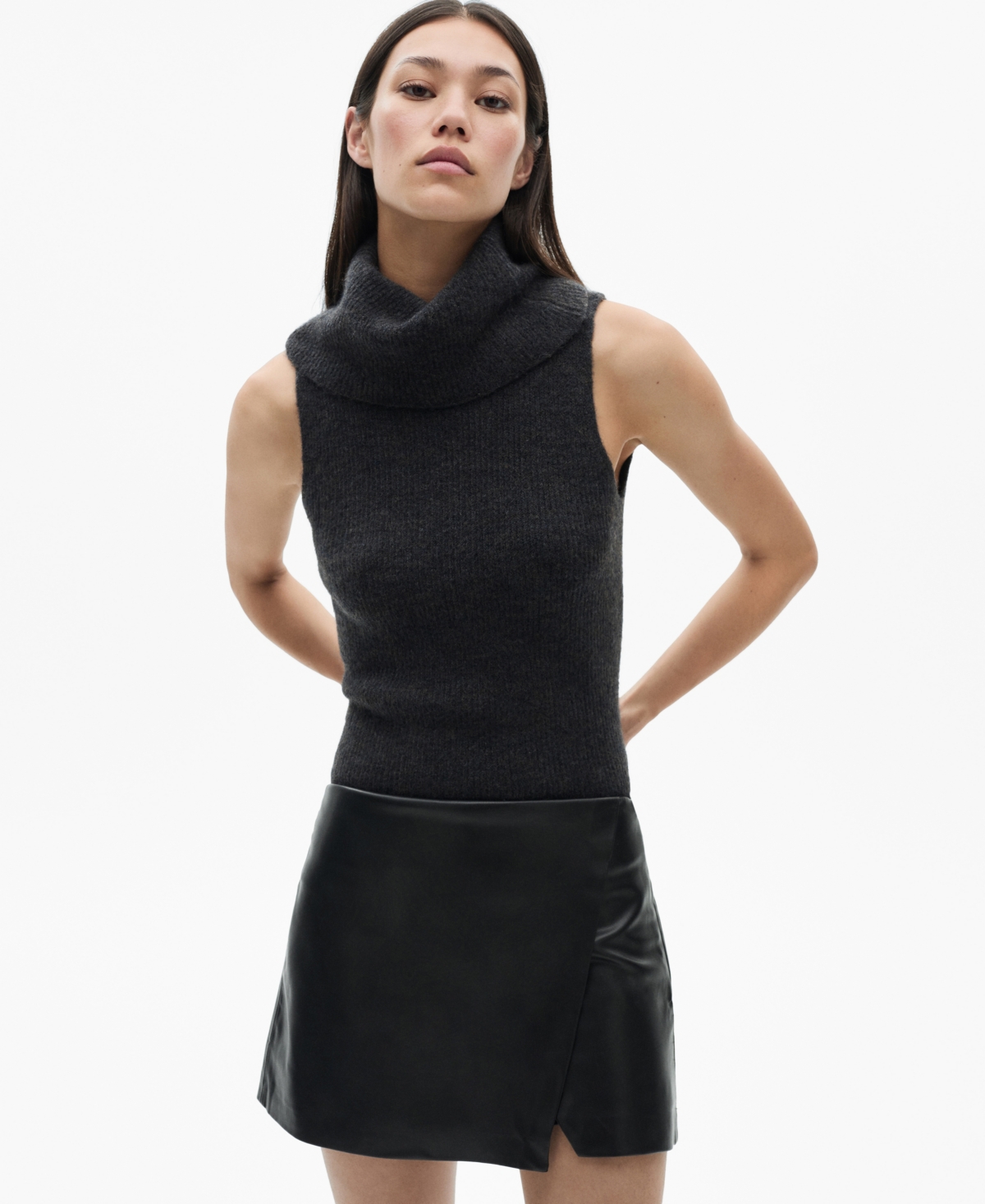 Women's Leather Effect Culottes Mini Skirt - Black