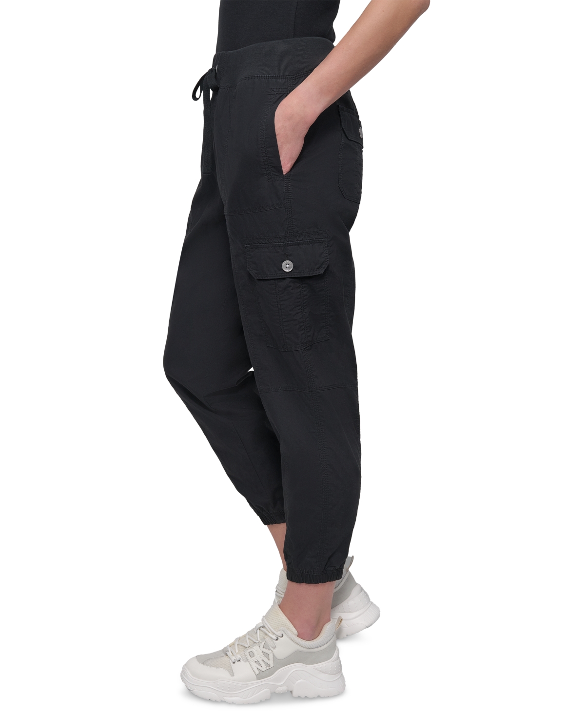 Dkny Sport Women's Cotton Ribbed-waist Jogger Cargo Pants In Black