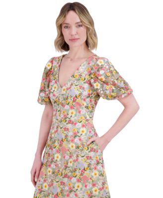 Eliza J Petite V-Neck Puff-Sleeve Embroidered Dress - Macy's