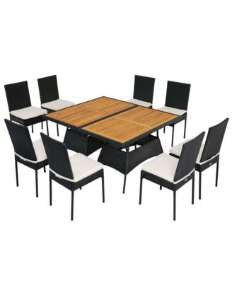 10 PCS Patio Rattan Dining Set Rectangular Wood Top Tables Cushioned Chair Garden