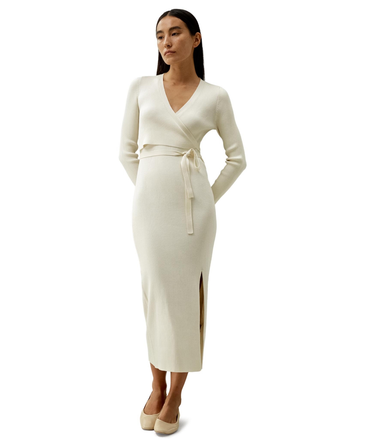 Women's Elegant Wrap-Front Silk Knit Dress - White