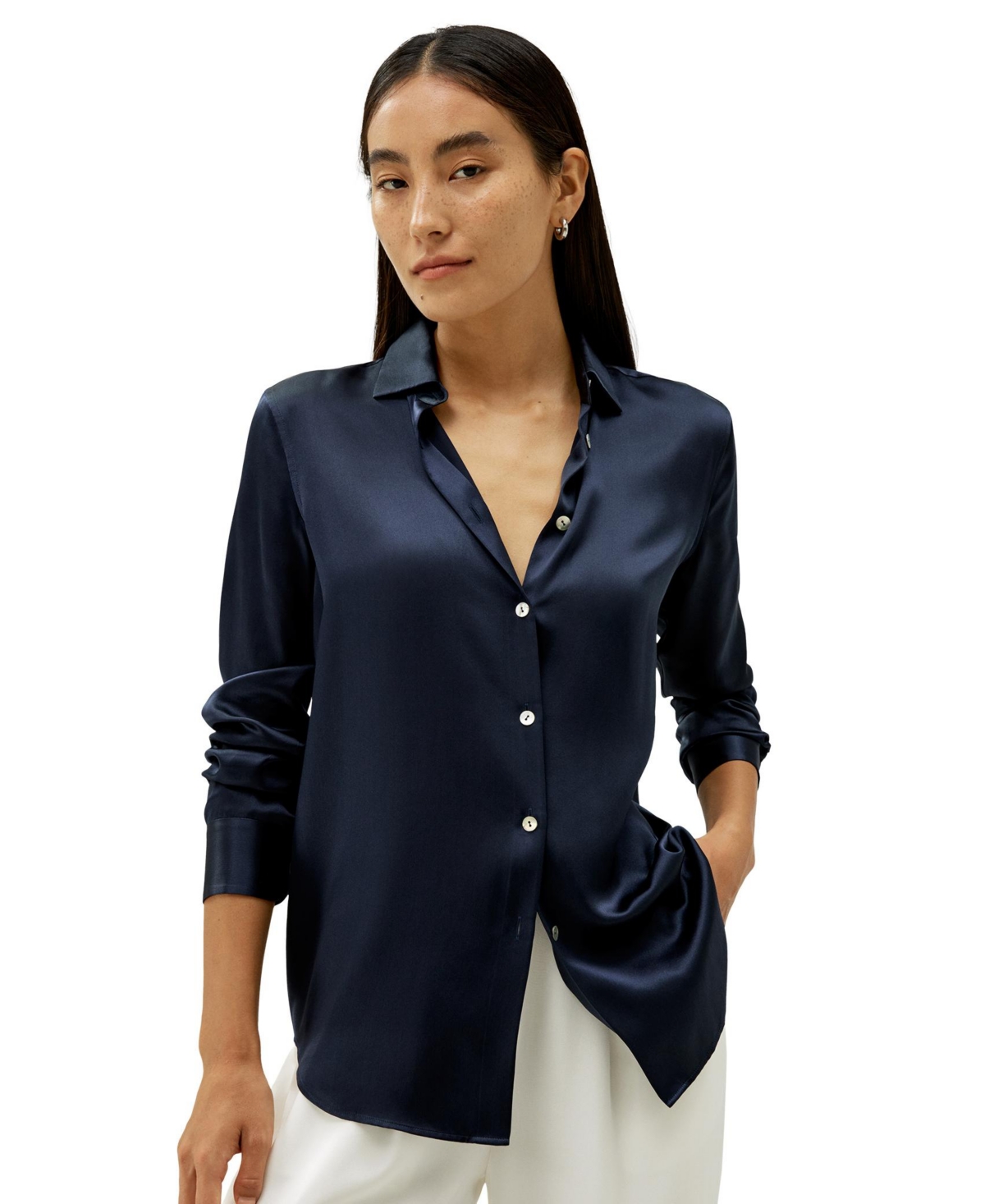 Elegant Button Up Silk Shirt for Women - Navy blue