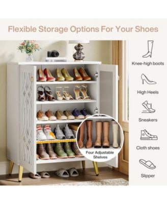 Mirrored Shoe Cabinet, 5-Tier White Modern Shoe Organizer Cabinet with Doors, Wooden Freestanding 25-Pair Shoe Rack Closet Storage Cabinet