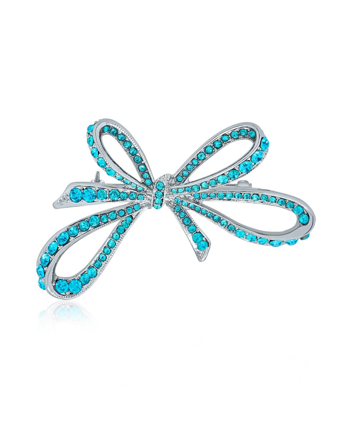 Blue Crystal Statement Ribbon Bow Brooch Pin Silver Plated - Aqua
