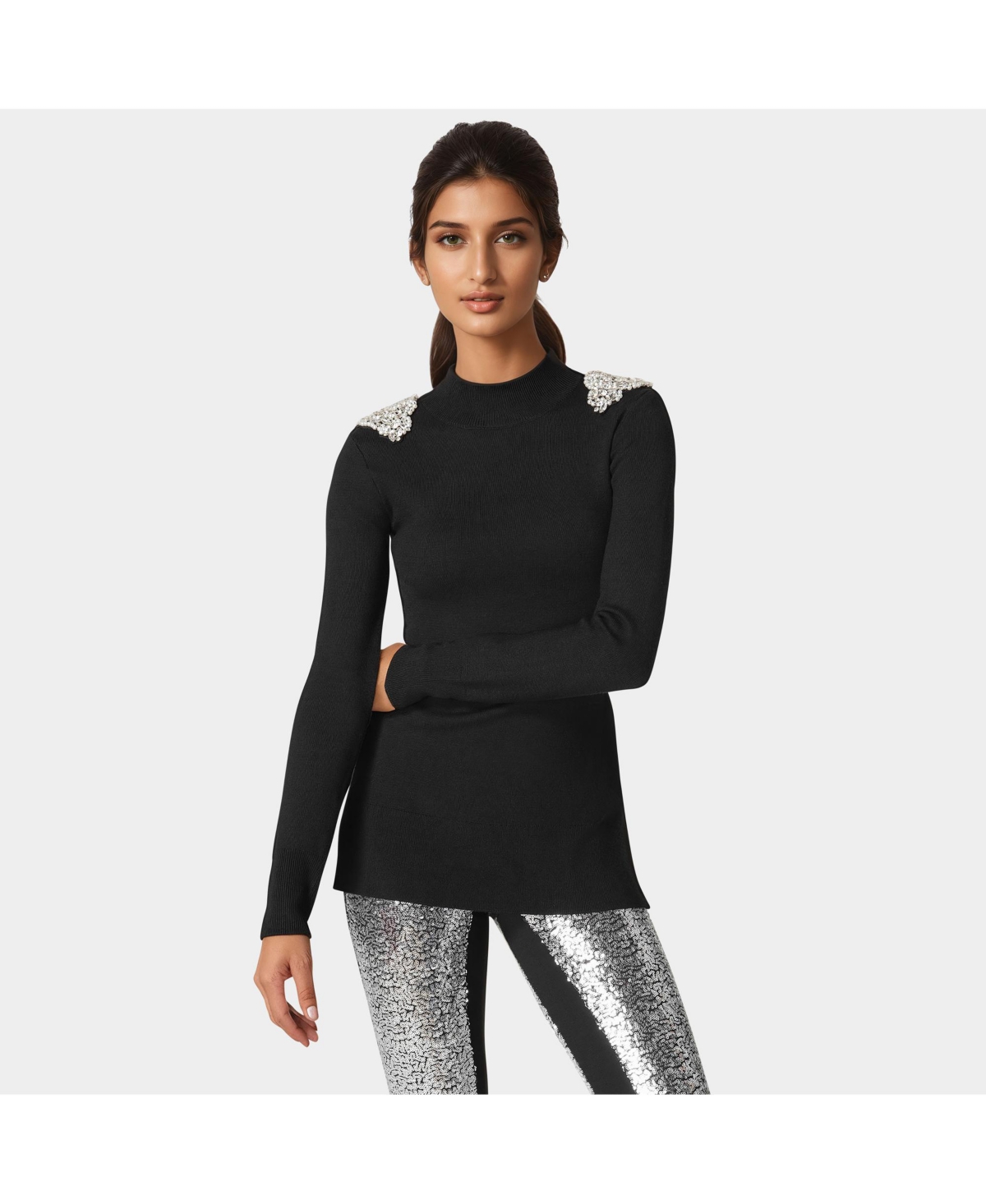 Women's Embellished Mock Neck Tunic Sweater - Galactic cobalt
