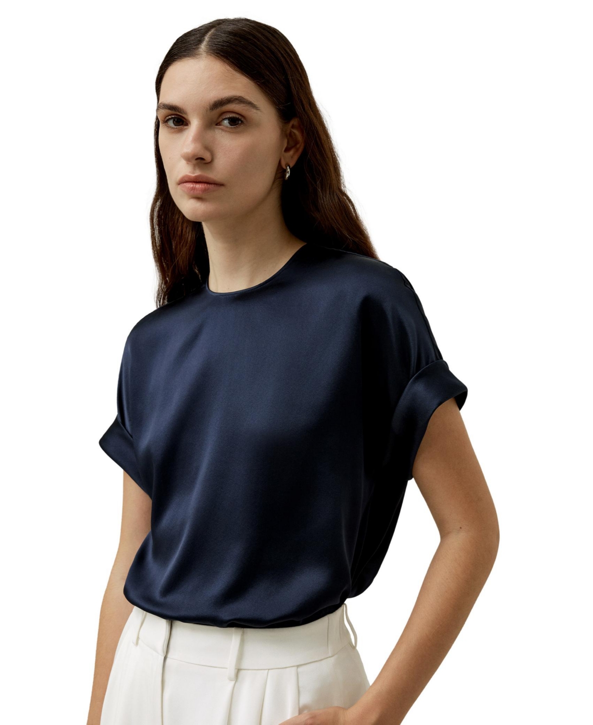 Contemporary Oversized Silk Top for Women - Navy blue