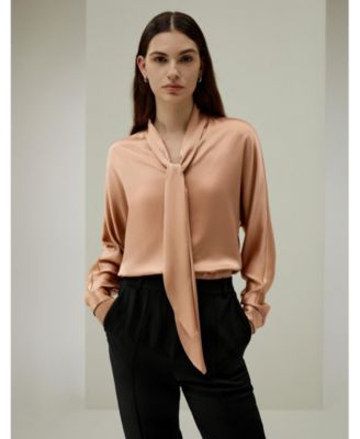 Women's Bat Sleeve Silk Top with Adjustable Neck Tie