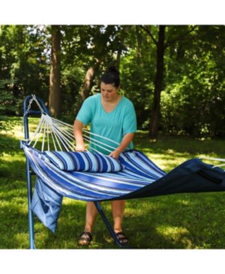 Outdoor Quilted Double Hammock with Pillow and Curved Metal Spreader Bars