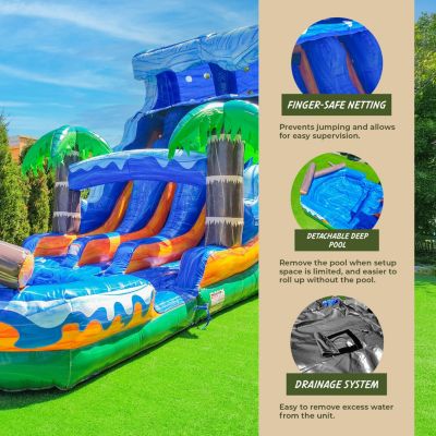17  Tall Jungle Falls Inflatable Dual Lane Water Slide with Detachable Pool, Tall Seating Height, Commercial Grade, PVC Vinyl, Outdoor Backyard, Summer Fun, Blow Up, Water Park, (Blower Included)