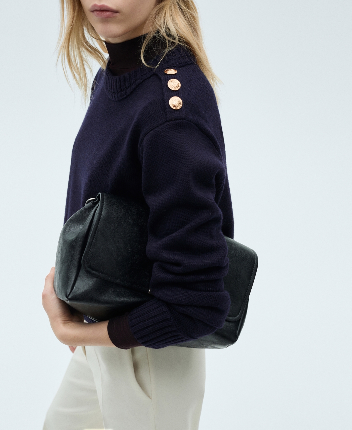 Mango Button Shoulder Mock Neck Sweater In Blue