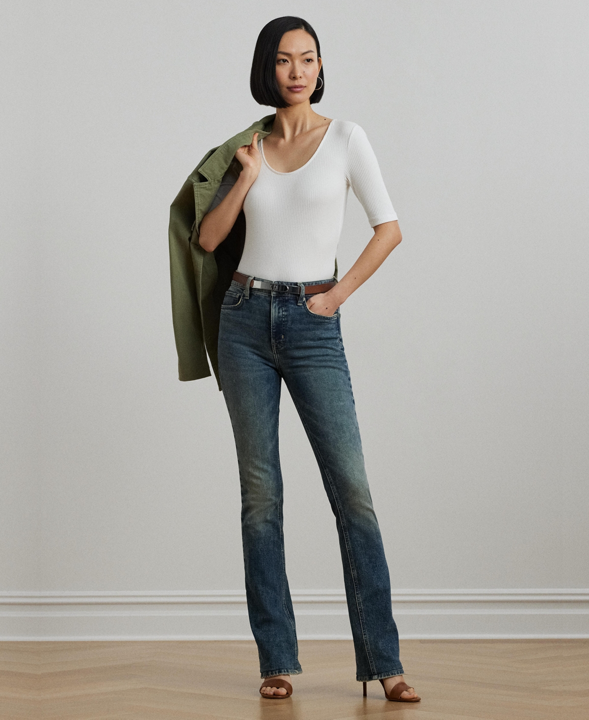 Shop Ralph Lauren Women's Rib-knit Cotton-blend Elbow-sleeve Tee In White