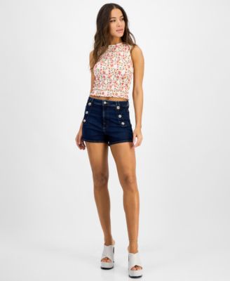 GUESS Women's Claire Floral-Print Cropped Smocked Top - Macy's