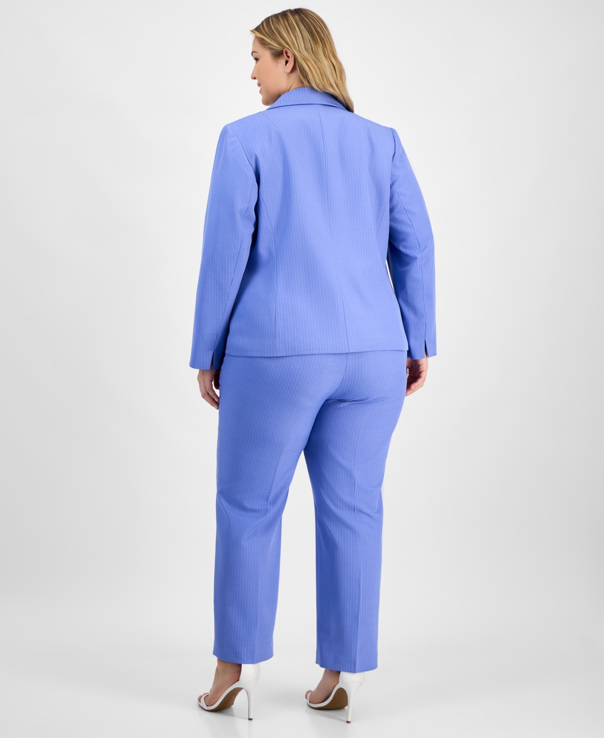 Shop Le Suit Plus Size Pinstriped Notch-collar One-button Jacket & Straight-leg Mid-rise Pants In Periwinkle,white