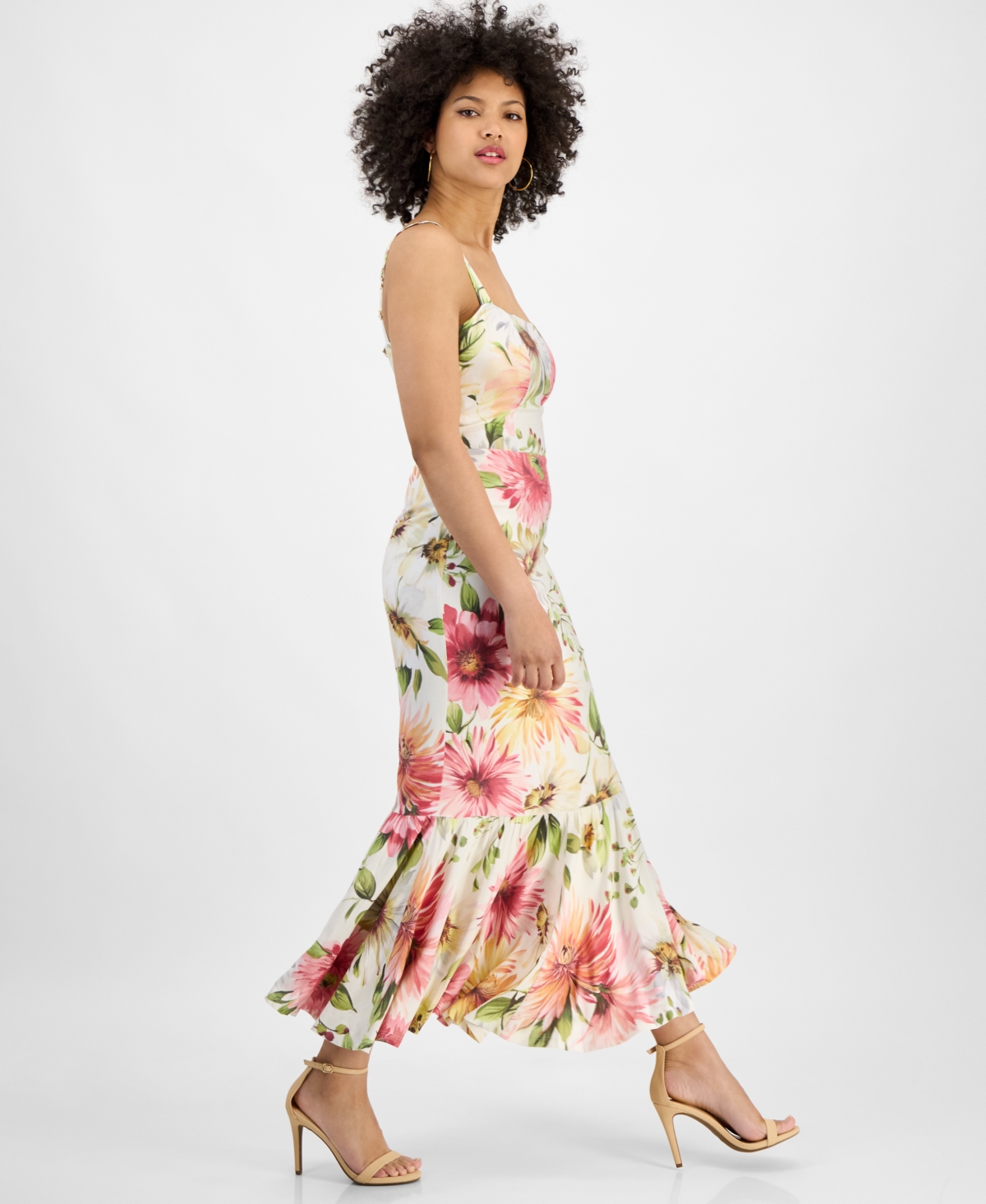 Guess Fleur Print Ruffle Hem Midi Dress In Painted Daisies Print
