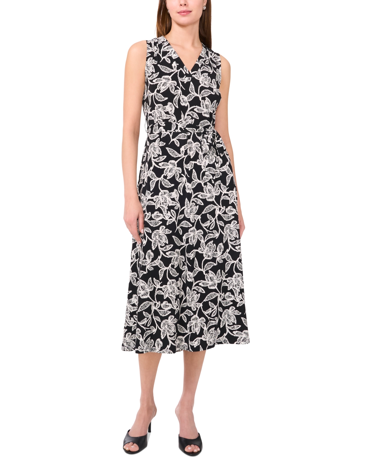Sam & Jess Women's Printed V-neck Tie-waist Midi Dress In Rich Black Floral