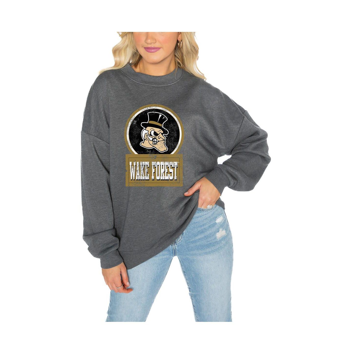 Женская толстовка Gameday Couture Charcoal Wake Forest Demon Deacons Drop Shoulder Fleece Drop Pullover — фото 1