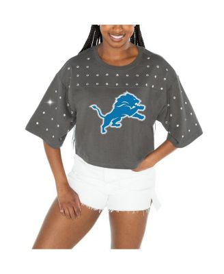 Gameday Couture - Women's  Gray Detroit Lions All-Over Rhinestone Cropped Oversized T-Shirt