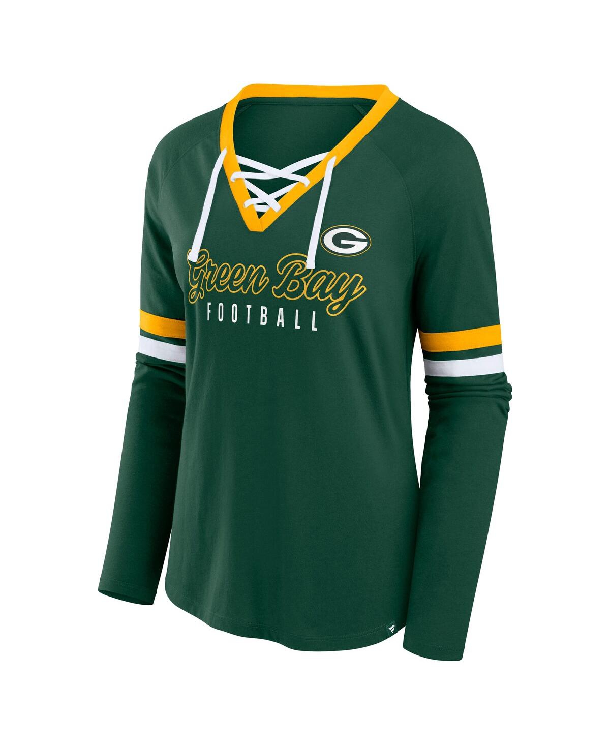 Fanatics Women's Green Green Bay Packers Plus Size Won Done Lace-up V-neck Long Sleeve T-shirt In Green