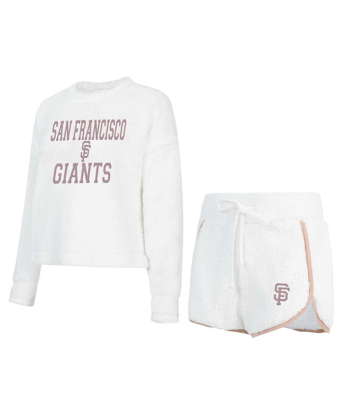 Women's White San Francisco Giants Painter Sherpa Long Sleeve T-Shirt Short Set - White