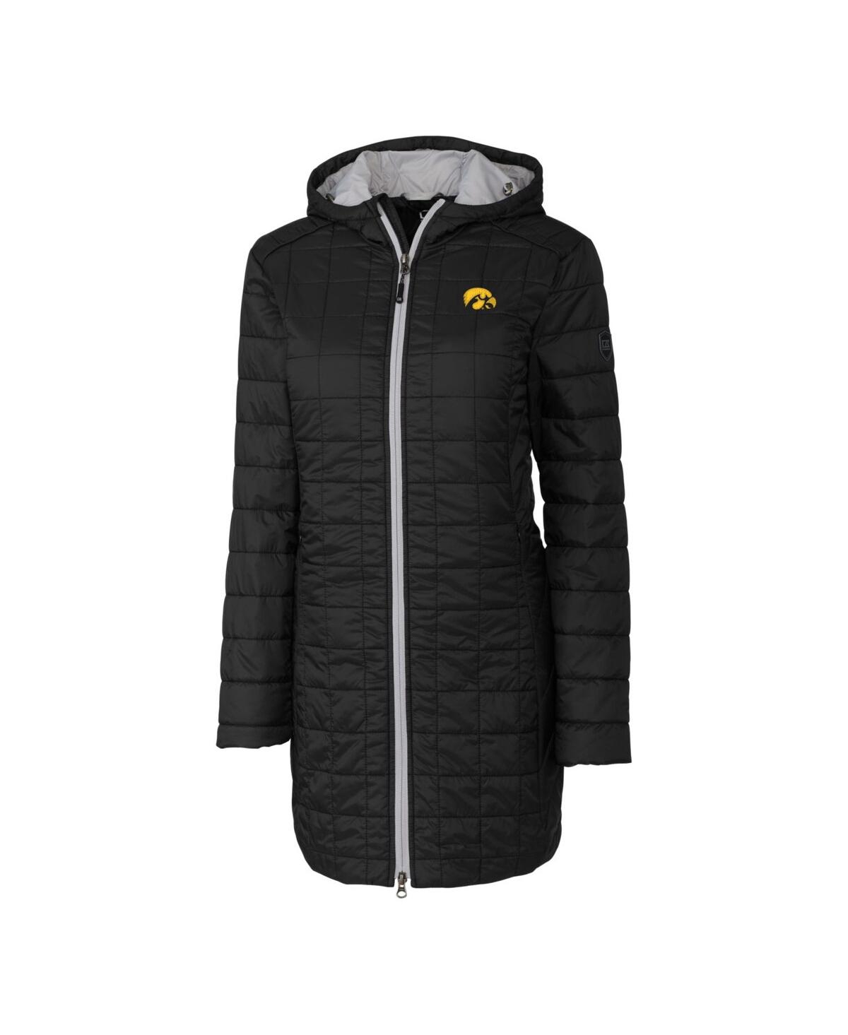 CUTTER & BUCK WOMEN'S BLACK IOWA HAWKEYES RAINIER PRIMALOFT HOODED LONG COAT 