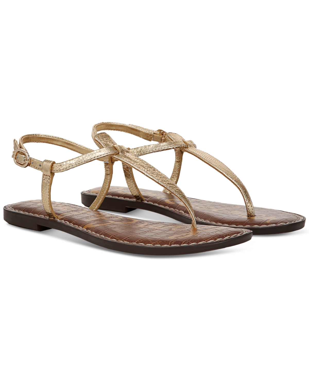 Sam Edelman Women's Gigi T-strap Flat Sandals In Amber Gold Metallic Leather