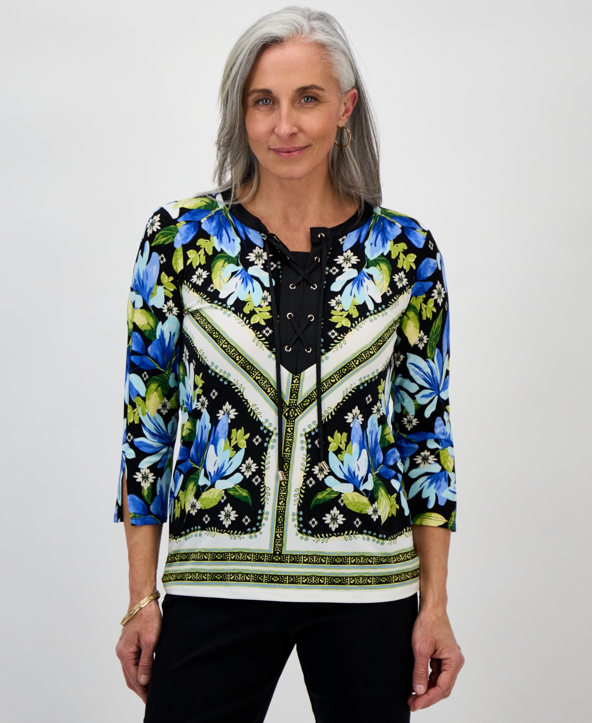 Macy's Jm Collection Petite Printed Lace-up 3/4-sleeve Top, Exclusively At  In Deep Black