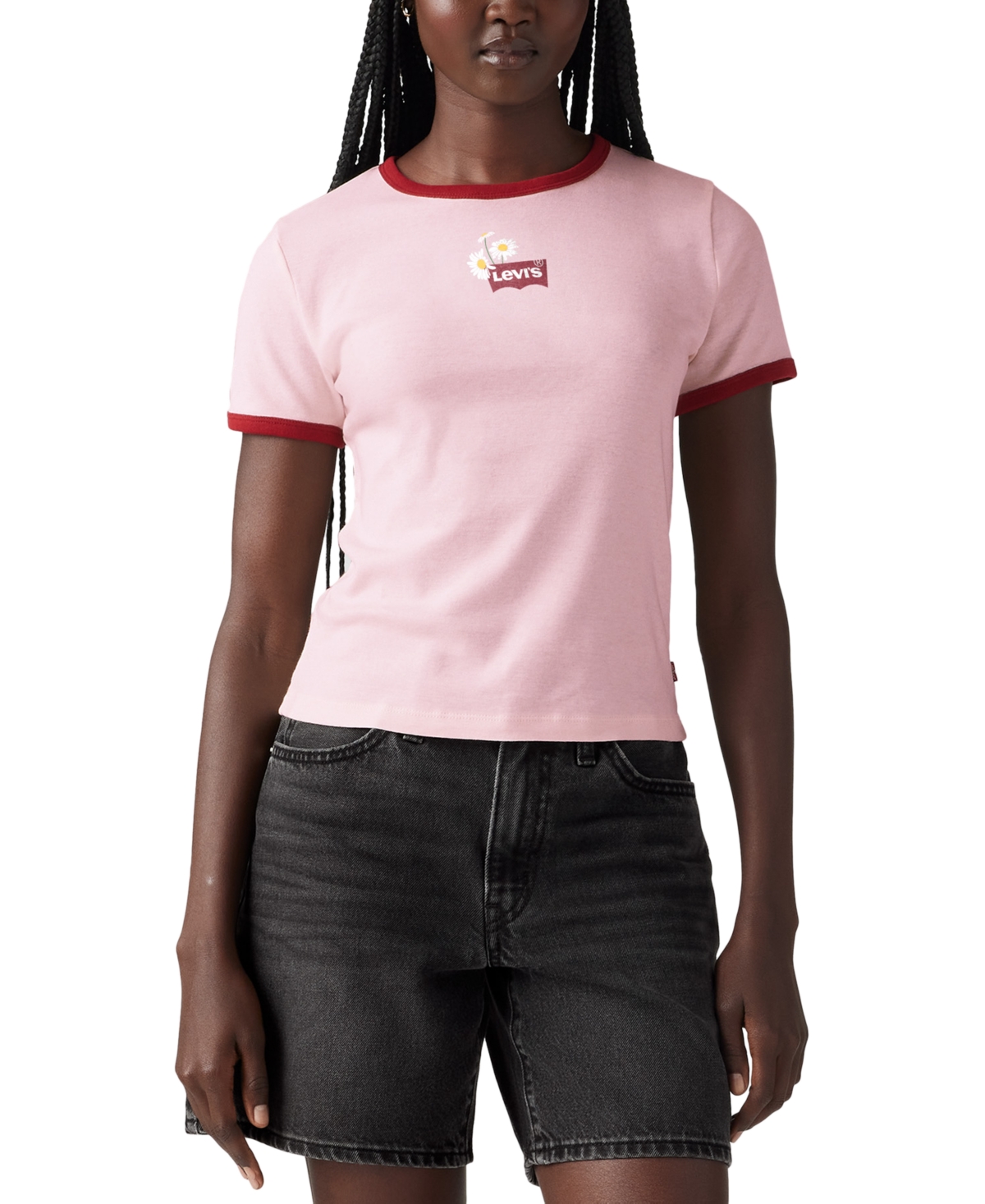 Women's Graphic Rickie Cotton Ringer T-Shirt - Daisy Embroidery Fragrant Lilac
