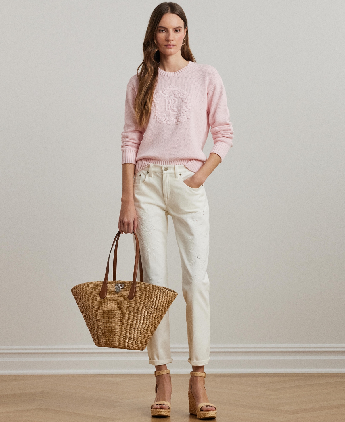 Shop Ralph Lauren Women's Floral-logo Combed Cotton Sweater, Regular & Petite In Hint Of Pink