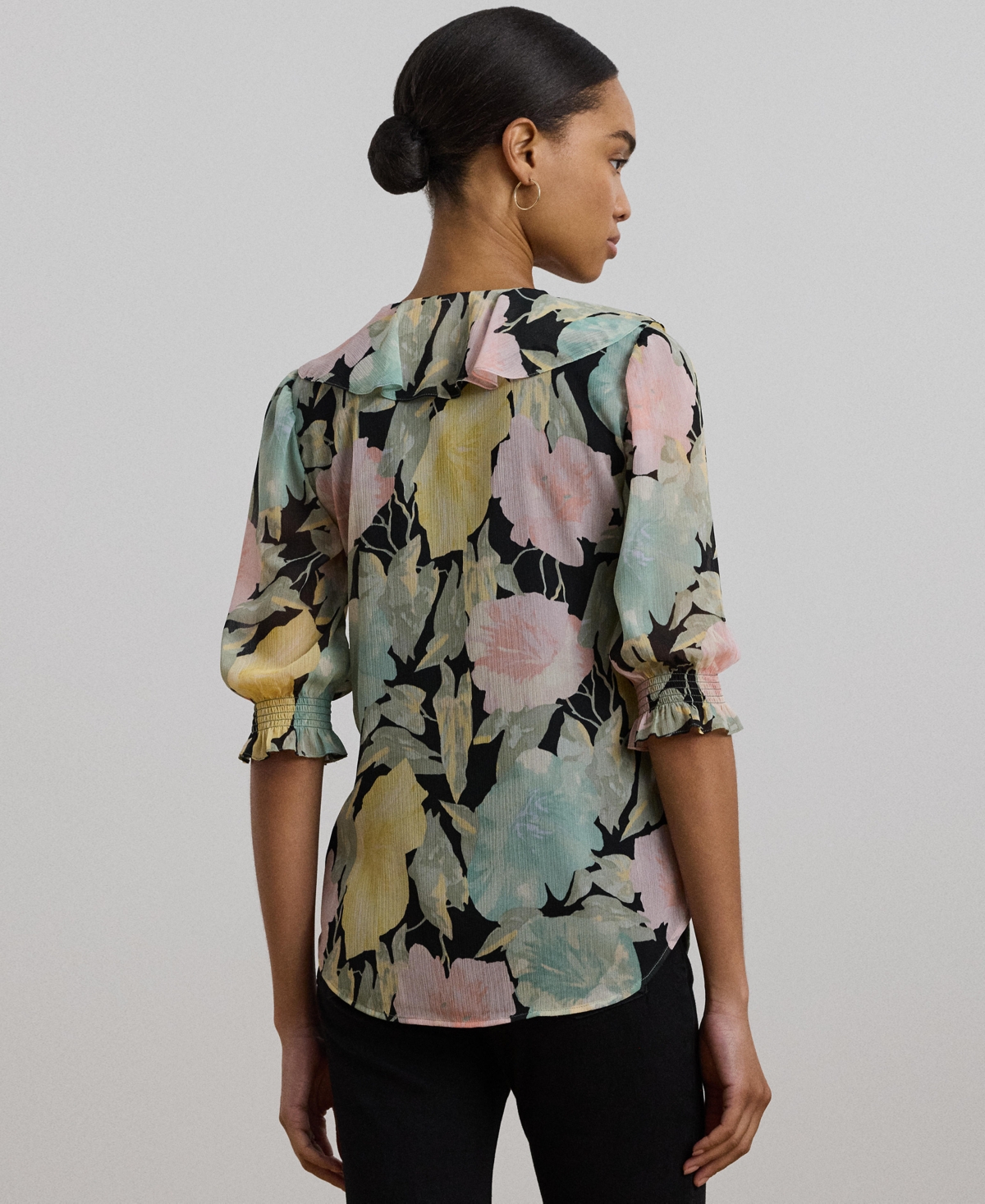 Shop Ralph Lauren Women's Floral Georgette Ruffle-trim Blouse, Regular & Petite In Black,pink,green