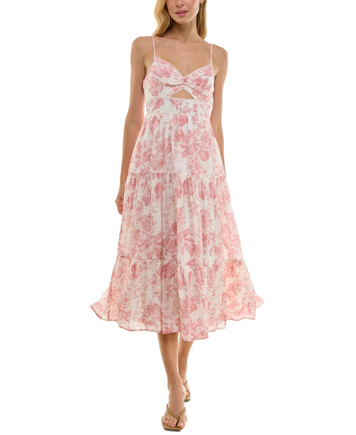 Juniors' Floral-Print Keyhole Midi Dress - White Pink Floral