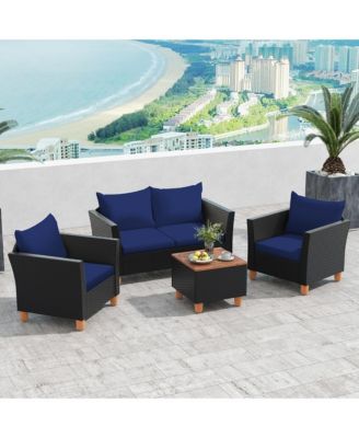 4 PCS Wicker Patio Furniture Set w/ Removable Cushions Storage Coffee Table