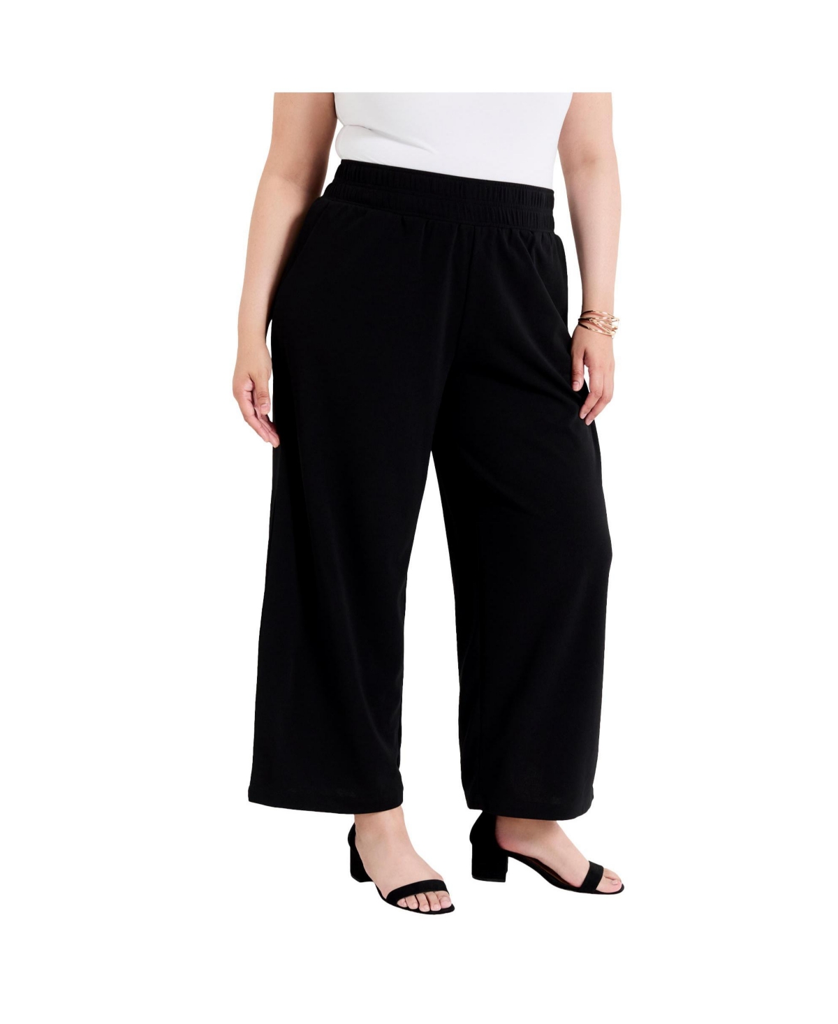 Plus Size June + Vie Cropped Wide-Leg Knit Pants - Black onyx