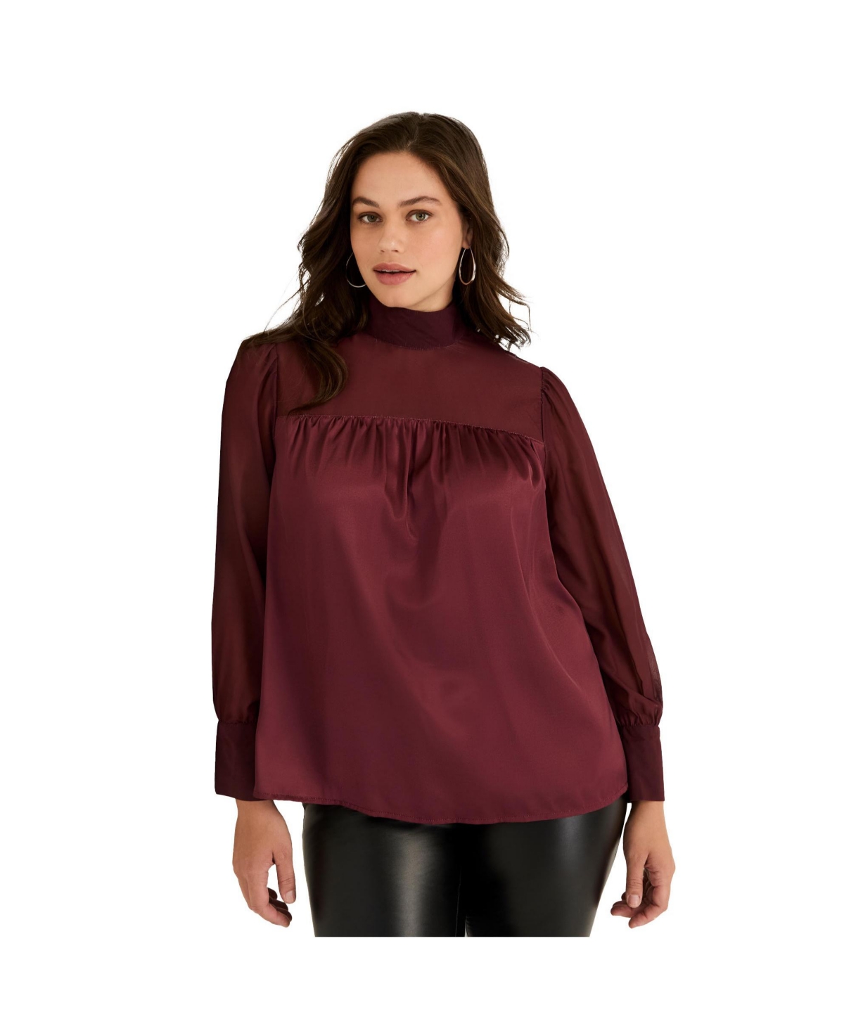 Plus Size June + Vie Satin Mockneck Blouse - Maroon banner