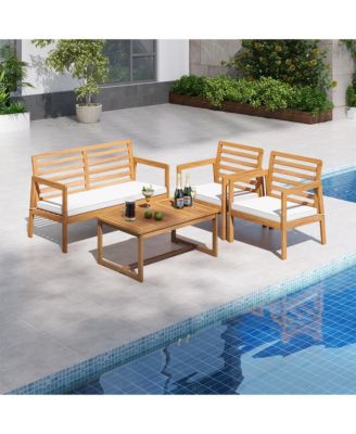 4 PCS Wood Patio Furniture Set w/ Soft Seat Cushions Solid Acacia Wood Frame