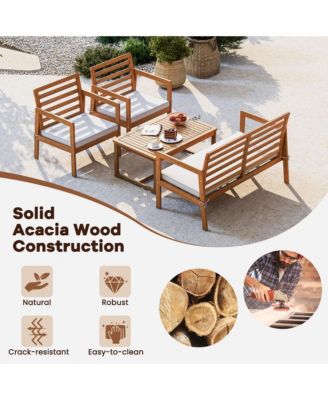 4 PCS Wood Patio Furniture Set w/ Soft Seat Cushions Solid Acacia Wood Frame