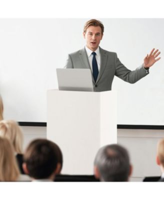 Rolling Podium Stand with 2 Shelves and Lockable Wheels