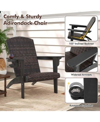 Patio Adirondack Chair with Rattan Padded Seat Wide Armrests & Hidden Cupholder