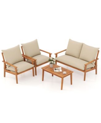 4 Pieces Outdoor Acacia Wood Conversation Set with Soft Cushions and Coffee Table-White