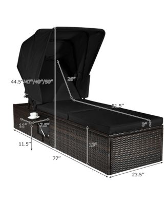 2PCS Patio Rattan Lounge Chair Chaise Cushion Canopy Adjustable Tea Table