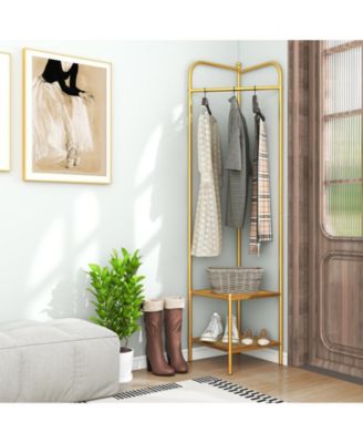 Corner Coat Rack with Top Hanger and 2 Mesh Shelves for Entryway, Hallway, Living Room, or Bedroom Storage