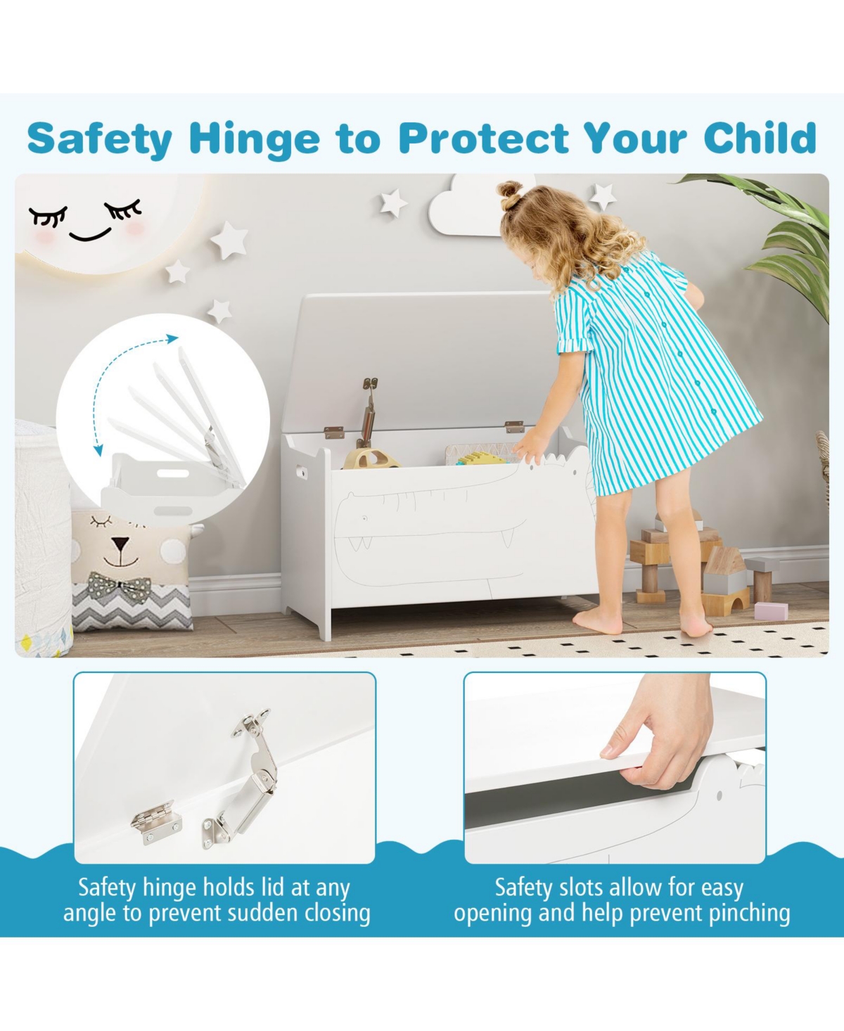 Kids Toy Box with Safety Hinge for Secure Storage and Easy Access to Toys