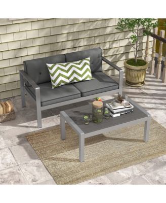 2 PCS Patio Aluminum Sofa Set Coffee Table Cushioned Loveseat WPC Armrests