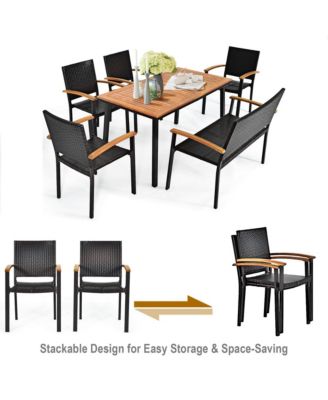6PCS Rattan Outdoor Dining Set Patio Furniture Set w/ Wooden Tabletop