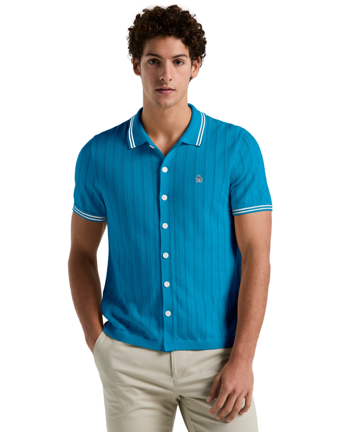 Men's Slim-Fit Drop Needle Button Front Short Sleeve Sweater Polo Shirt - Mosaic Blue