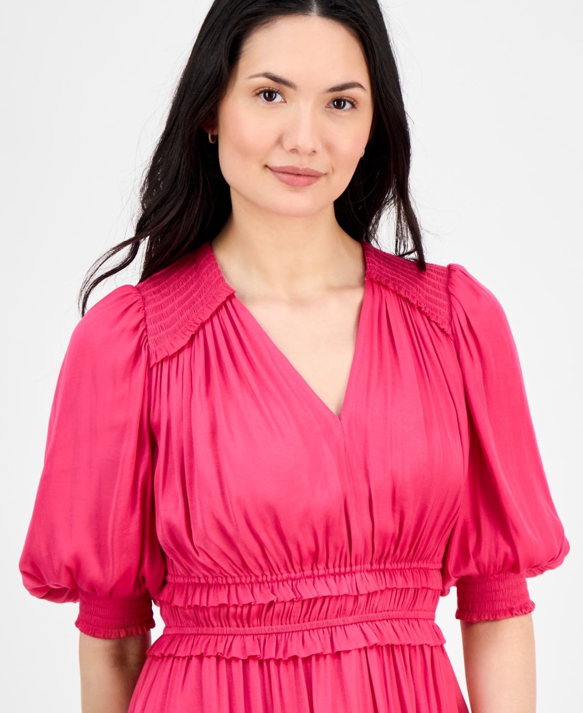 T Tahari Women's V-neck Smocked-waist Tiered Dress In Tulip Pink