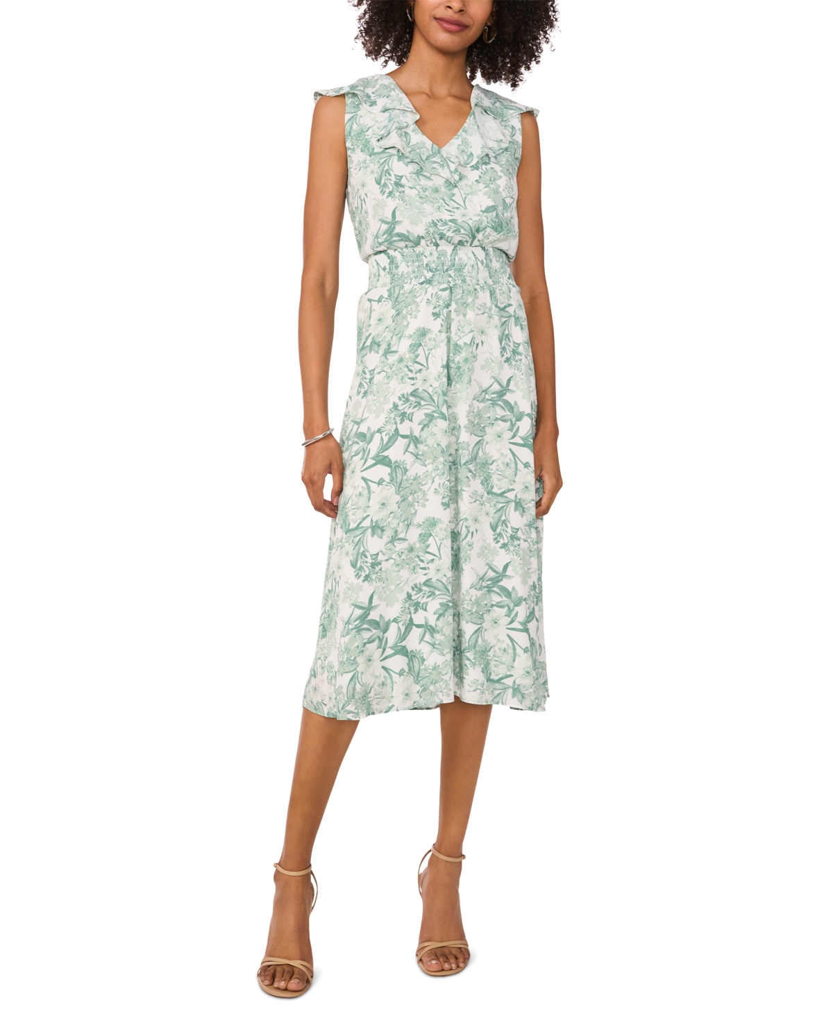 Shop Vince Camuto Women's Ruffled-v-neck Smocked-waist Midi Dress In Brook Green