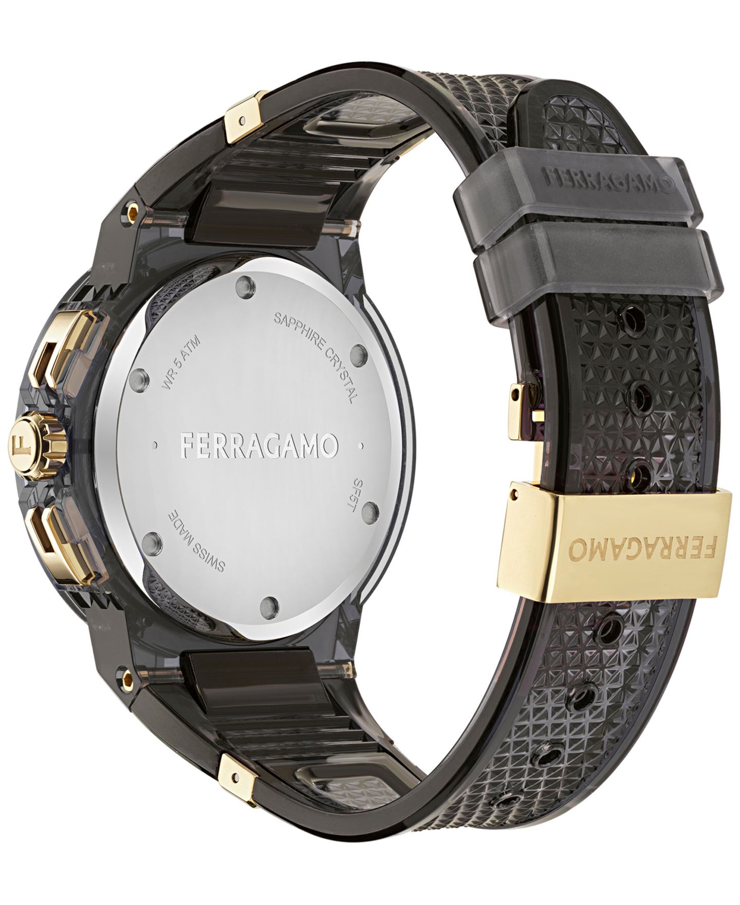 Мужские часы Ferragamo Swiss Chronograph F-80 Translucent Black Polyurethane Strap Watch 44mm — фото 3