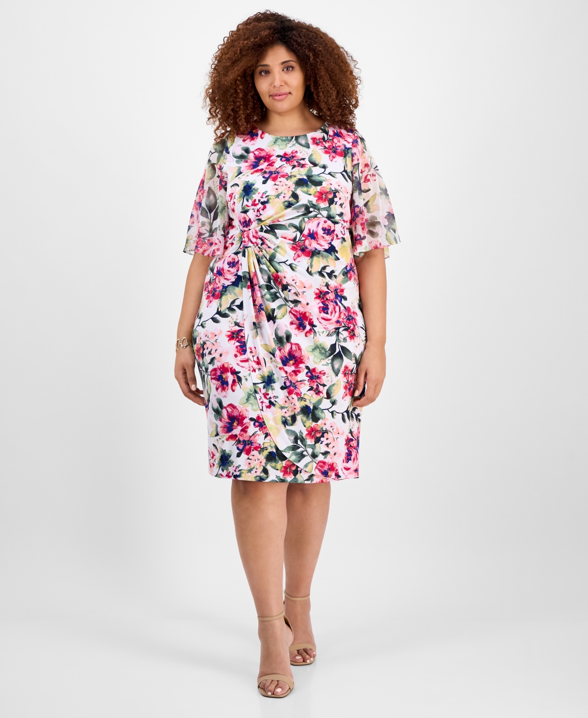 Plus Size Printed Boat-Neck Flutter-Sleeve Dress - White