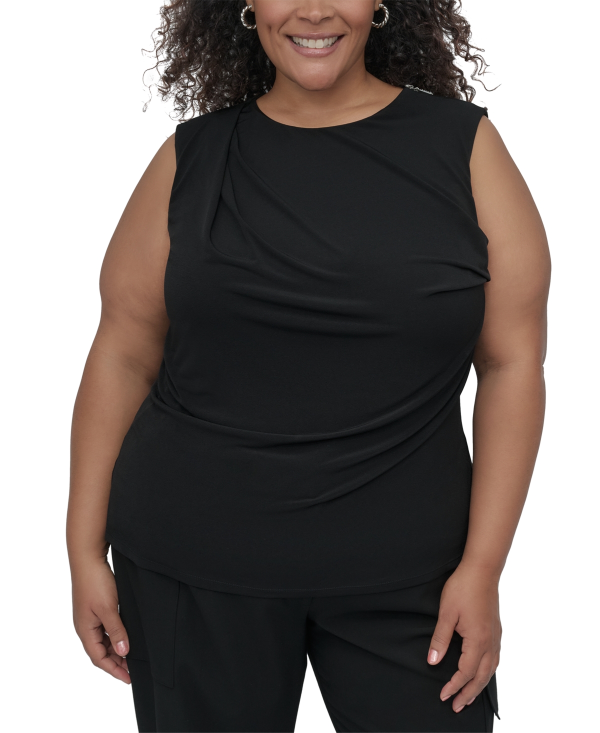 Dkny Plus Size Gathered Zip-shoulder Sleeveless Blouse In Black