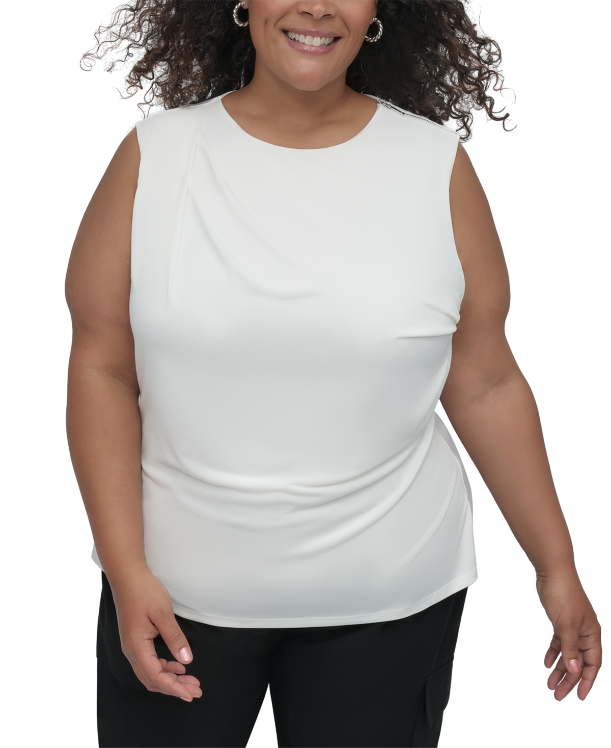 Dkny Plus Size Gathered Zip-shoulder Sleeveless Blouse In Ivory